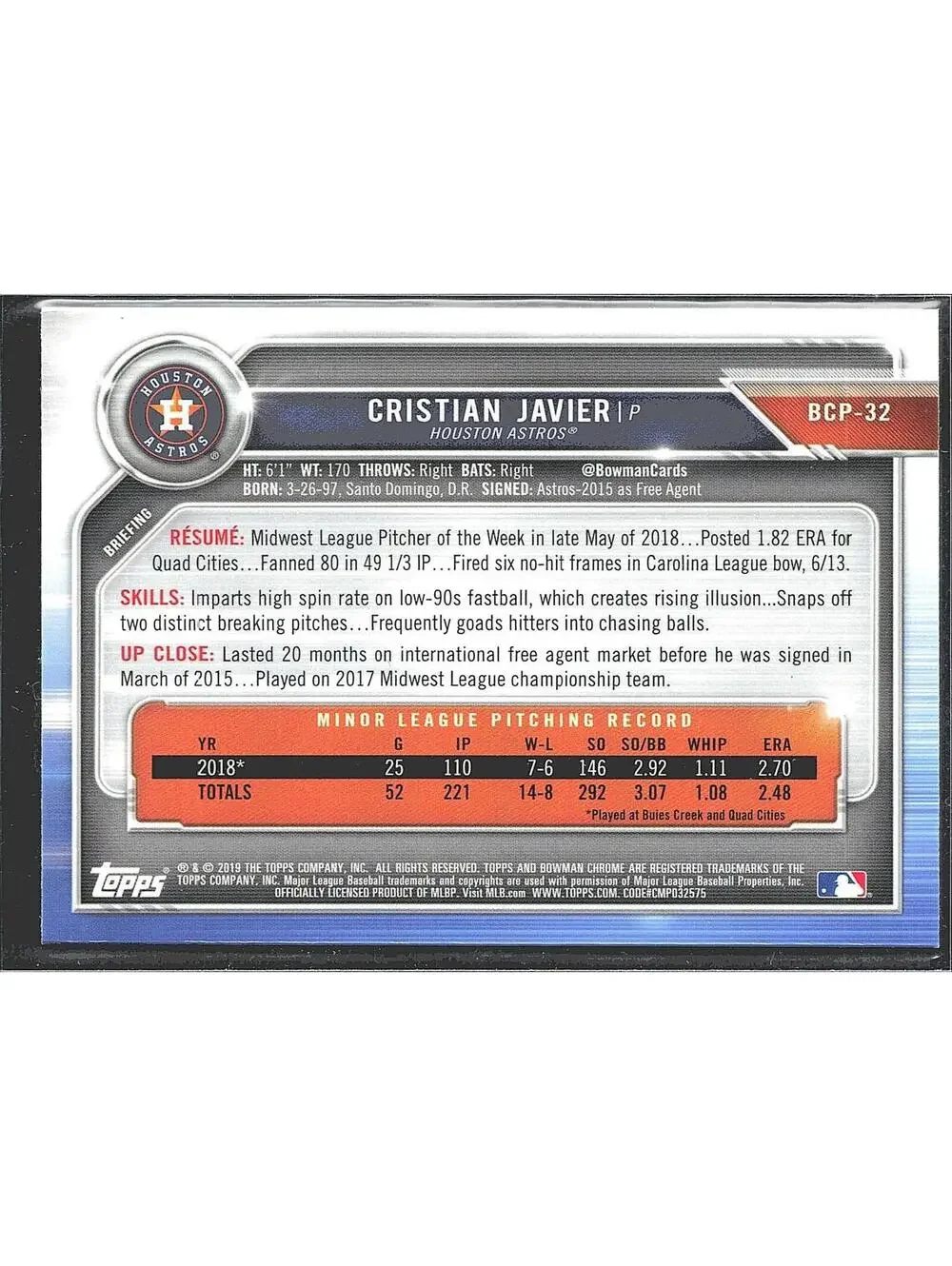 2019 Bowman Chrome #CPA-CJ Cristian Javier Prospects HandSigned